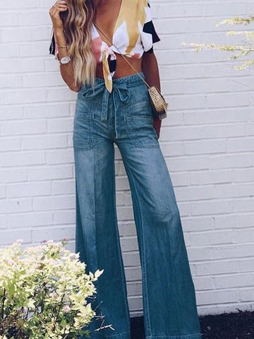 Airchics jean longue flare large fluide avec poches vintage femme bleu